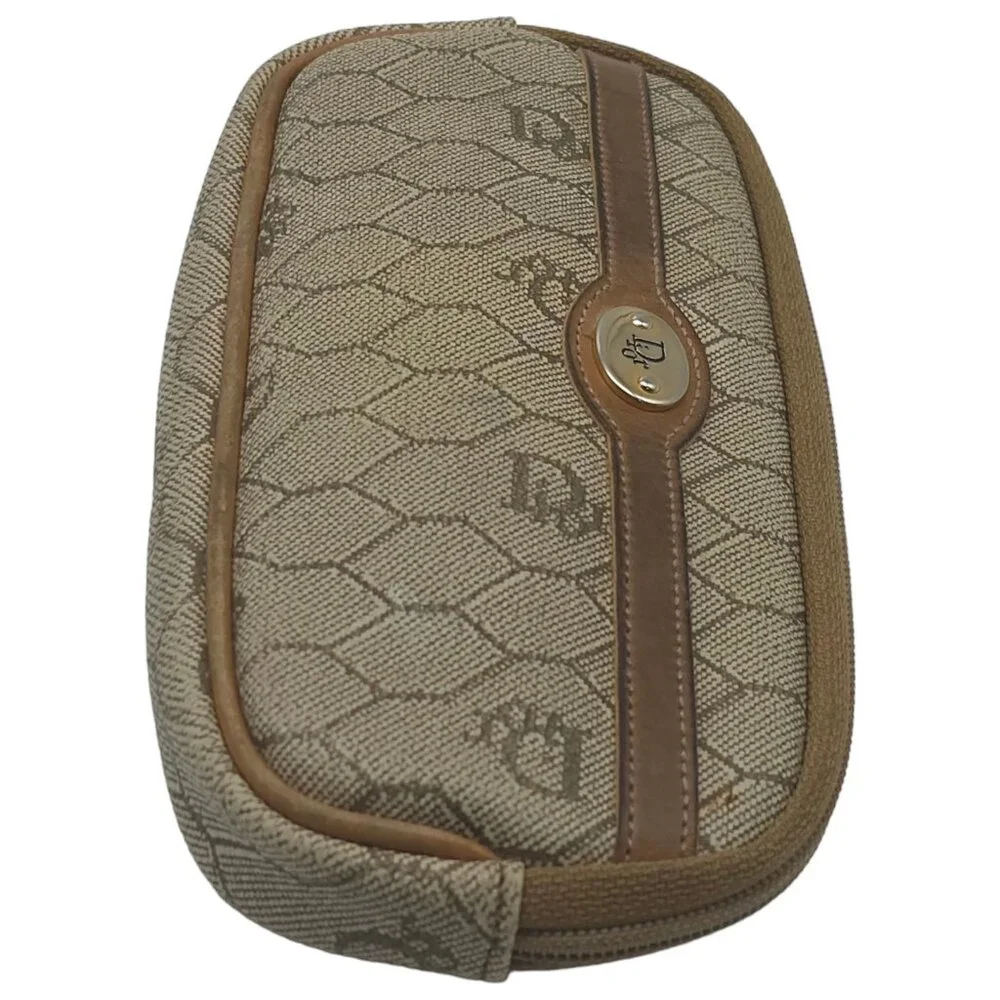 Vintage Auth Christian Dior Cosmetic Pouch Case Honeycomb PVC Leather Beige J11